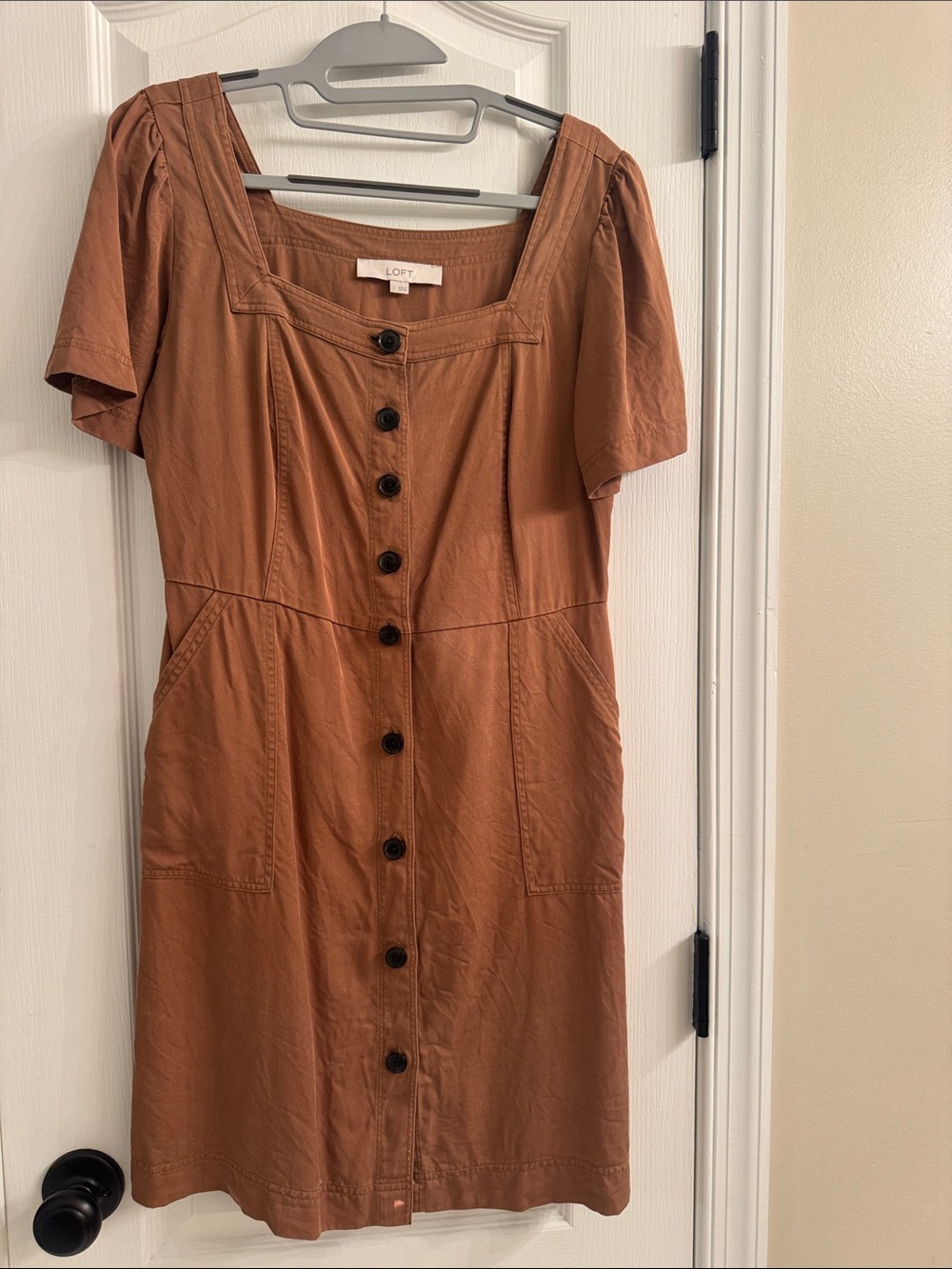 LOFT Brown Button-Front Square Neck Midi Dress